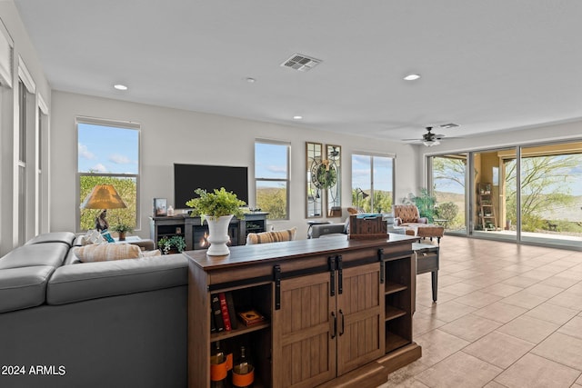 living room featuring ceiling fan