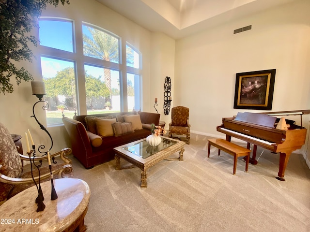 living area featuring a high ceiling and carpet floors