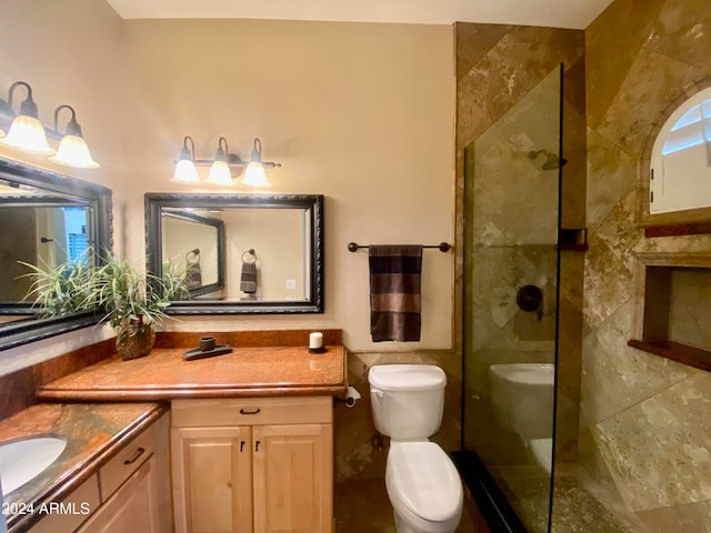 bathroom featuring vanity, an enclosed shower, and toilet