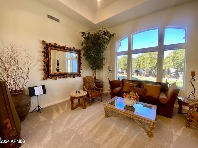 sitting room featuring light carpet and a towering ceiling