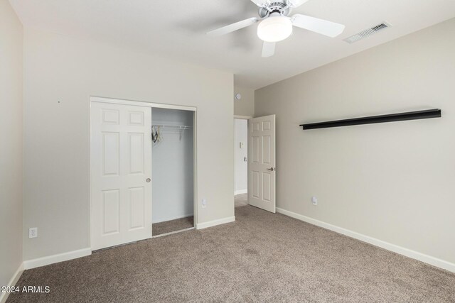 15631 W Bethesda Ct, Surprise, AZ 85374 - unfurnished bedroom featuring visible vents, baseboards, carpet floors, a closet, and a ceiling fan