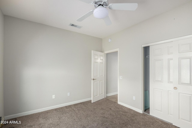 15631 W Bethesda Ct, Surprise, AZ 85374 - unfurnished bedroom with visible vents, baseboards, carpet floors, a closet, and a ceiling fan