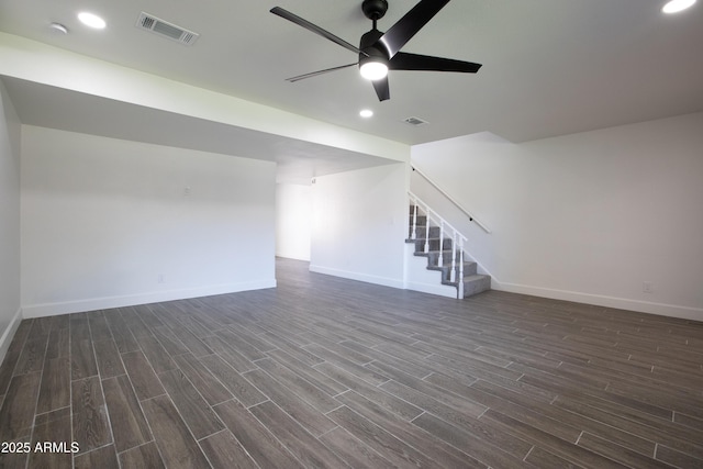 unfurnished living room featuring stairs, dark wood-style floors, and visible vents