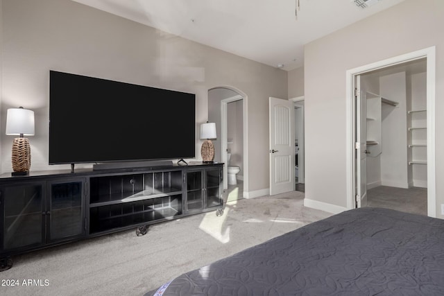 bedroom featuring carpet, ensuite bathroom, a spacious closet, and a closet