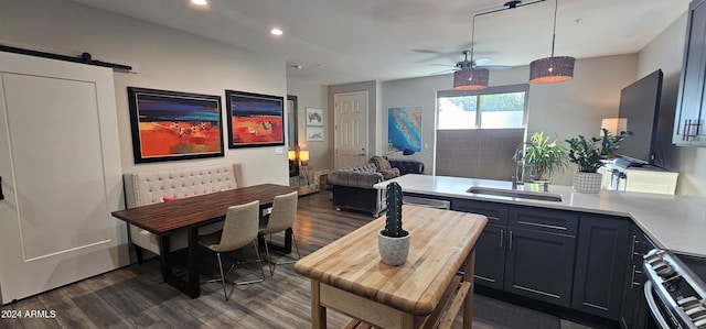 office featuring dark hardwood / wood-style floors, a barn door, sink, and ceiling fan