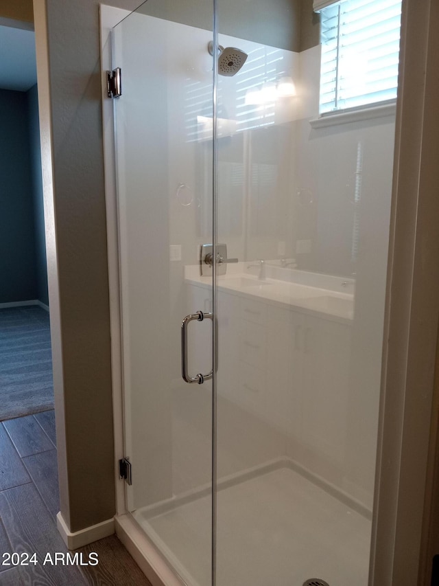 bathroom with sink, wood-type flooring, and an enclosed shower