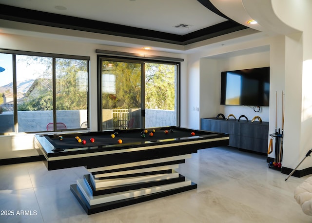 game room with a healthy amount of sunlight, visible vents, a mountain view, and pool table