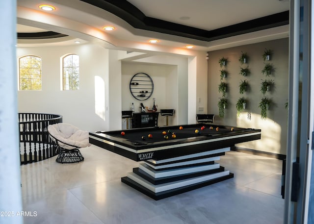 rec room with pool table, recessed lighting, a tray ceiling, and tile patterned floors