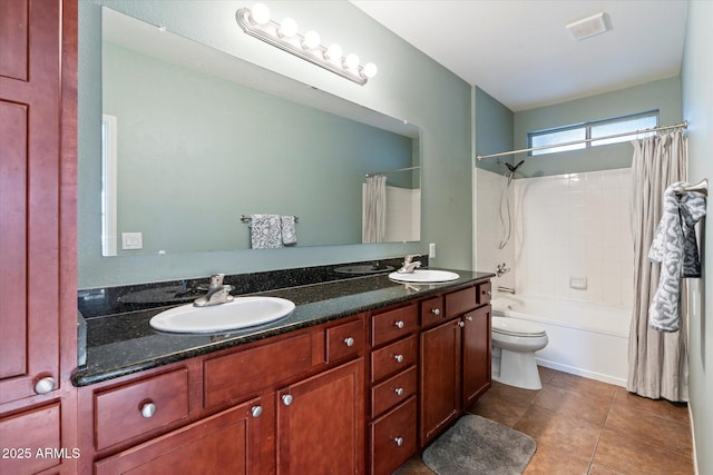 full bathroom with shower / bath combo with shower curtain, toilet, tile patterned flooring, and vanity