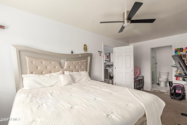 bedroom with carpet flooring, ensuite bath, and ceiling fan