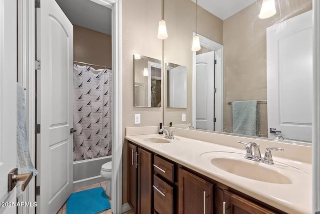 full bathroom with toilet, vanity, tile patterned flooring, and shower / bathtub combination with curtain