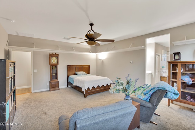 bedroom featuring light carpet and ceiling fan