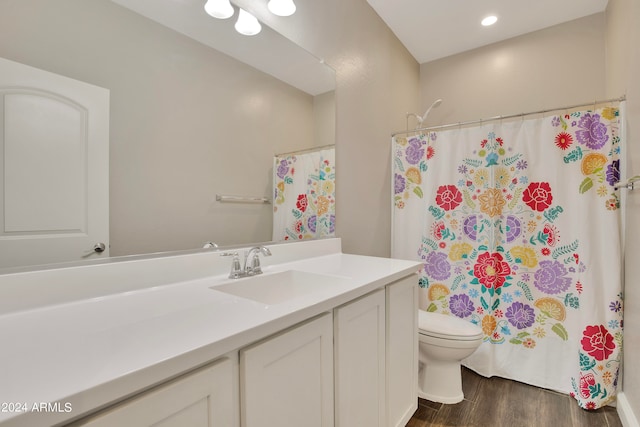 bathroom featuring hardwood / wood-style floors, vanity, toilet, and a shower with curtain