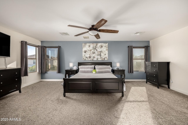 carpeted bedroom featuring ceiling fan