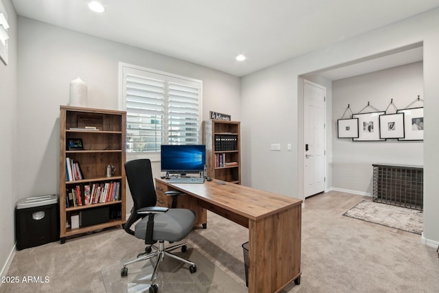 carpeted home office with recessed lighting and baseboards