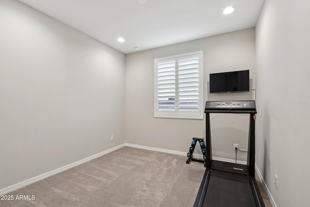 workout area with recessed lighting, baseboards, and carpet flooring