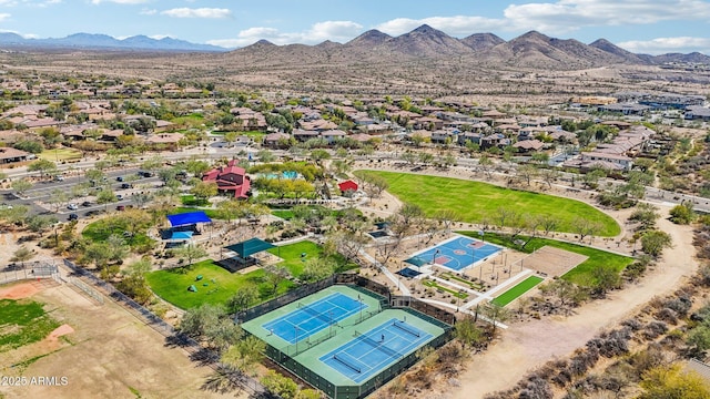 aerial view with a mountain view and a residential view