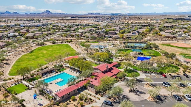 bird's eye view featuring a residential view and a mountain view