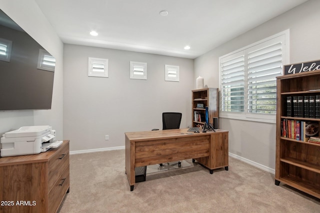 office featuring recessed lighting, light colored carpet, and baseboards