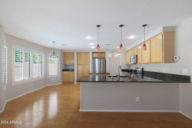 kitchen with appliances with stainless steel finishes, kitchen peninsula, light wood-type flooring, decorative light fixtures, and sink