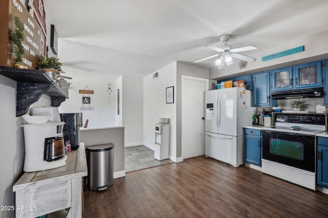 kitchen featuring white fridge with ice dispenser, dark wood finished floors, blue cabinetry, under cabinet range hood, and electric stove