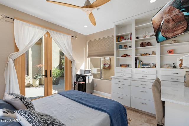 bedroom with french doors, access to exterior, recessed lighting, and a ceiling fan