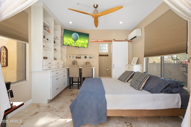 bedroom featuring multiple windows, a wall mounted air conditioner, and recessed lighting