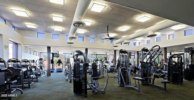 gym with a towering ceiling, carpet, visible vents, and a paneled ceiling