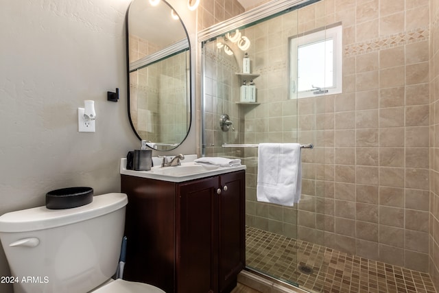 bathroom featuring vanity, toilet, and a shower with door