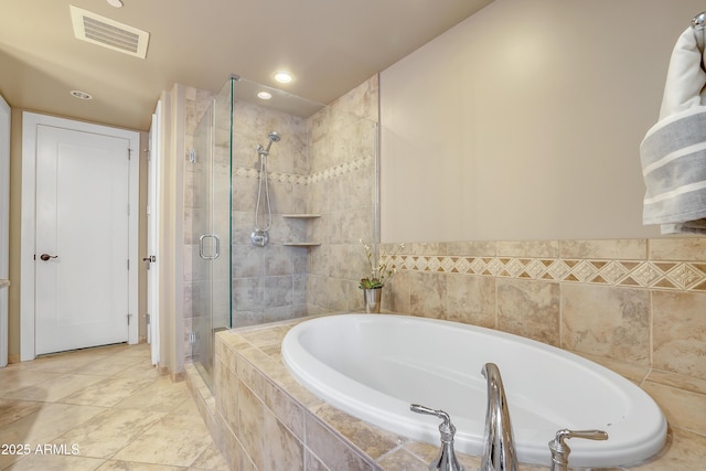 bathroom with a bath, a shower stall, visible vents, and recessed lighting