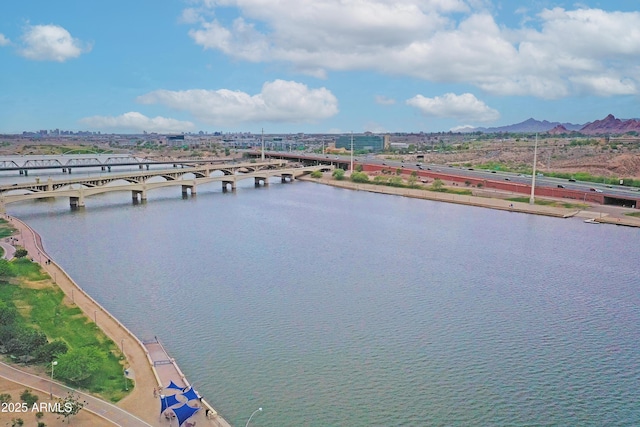 aerial view featuring a water view
