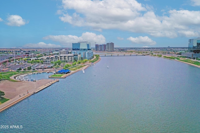 bird's eye view featuring a city view and a water view