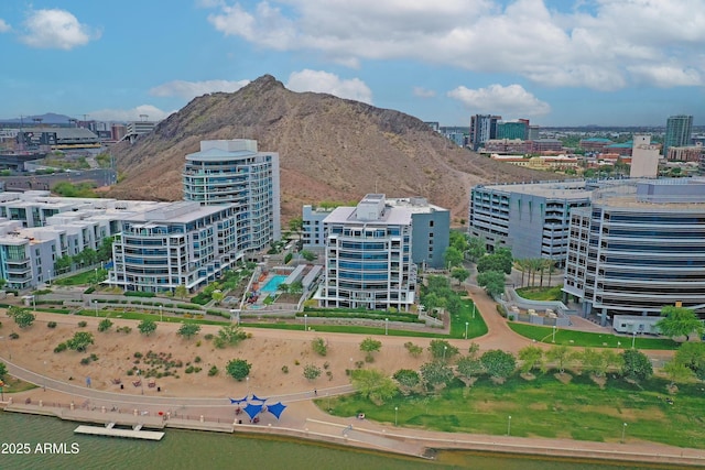 drone / aerial view featuring a mountain view