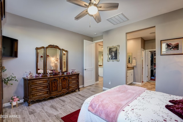 bedroom featuring ceiling fan, connected bathroom, and a closet