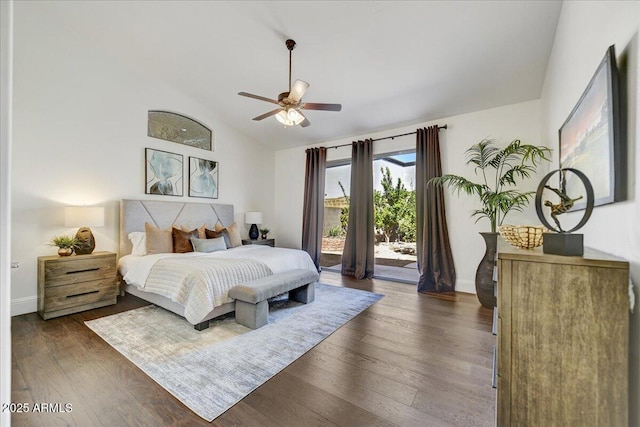 bedroom featuring access to exterior, ceiling fan, dark hardwood / wood-style floors, and lofted ceiling