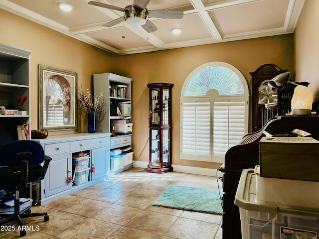 interior space with baseboards, coffered ceiling, a ceiling fan, and light tile patterned flooring