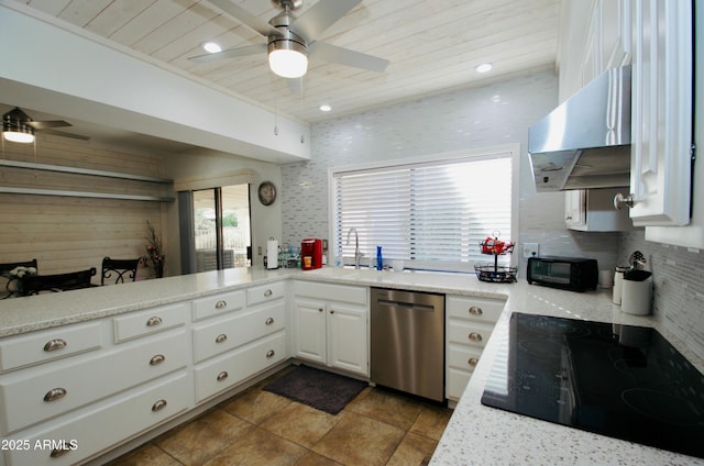 kitchen with extractor fan, white cabinets, a sink, dishwasher, and black electric cooktop