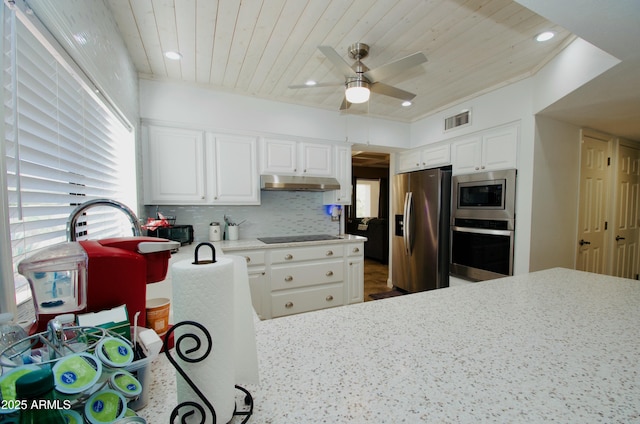 kitchen with stainless steel appliances, visible vents, wood ceiling, white cabinetry, and under cabinet range hood