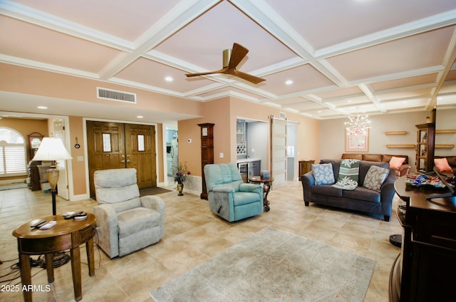 living area featuring baseboards, visible vents, coffered ceiling, beamed ceiling, and recessed lighting