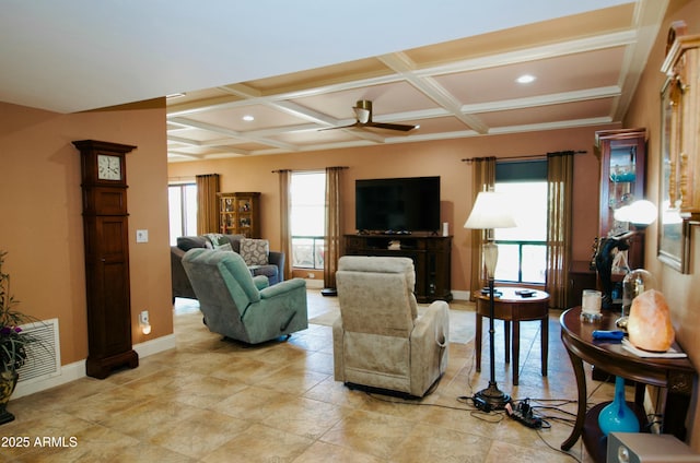 living area featuring visible vents, baseboards, and coffered ceiling