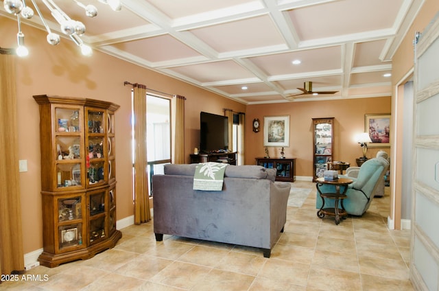 living area featuring light tile patterned floors, baseboards, coffered ceiling, beamed ceiling, and recessed lighting