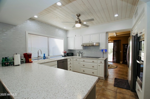 kitchen featuring a peninsula, appliances with stainless steel finishes, a sink, and wood ceiling