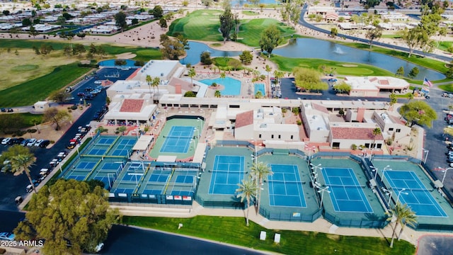 bird's eye view with golf course view and a water view