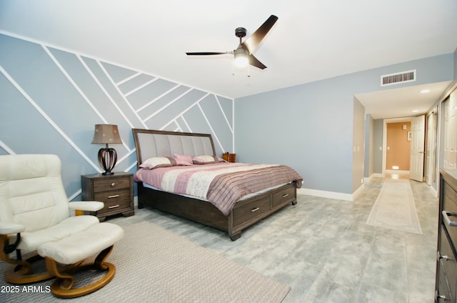 bedroom featuring ceiling fan, visible vents, and baseboards