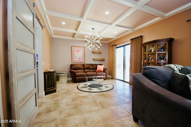 living area featuring recessed lighting, coffered ceiling, beam ceiling, and a notable chandelier