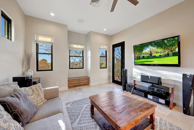 living room with ceiling fan