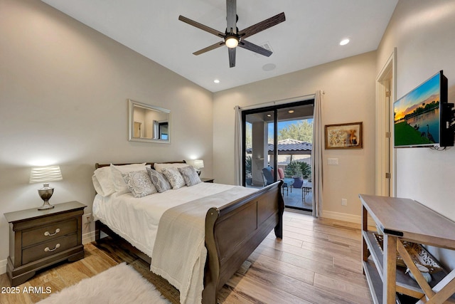 bedroom with access to outside, light wood-type flooring, and ceiling fan