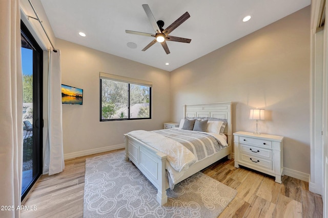 bedroom featuring ceiling fan, light hardwood / wood-style flooring, and access to exterior