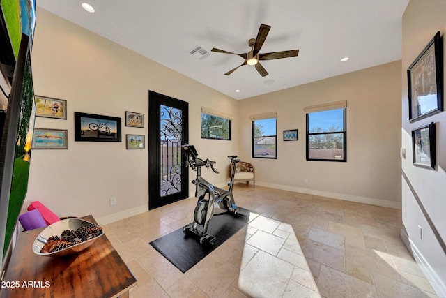 workout area with ceiling fan