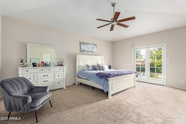 carpeted bedroom featuring french doors, ceiling fan, and access to exterior